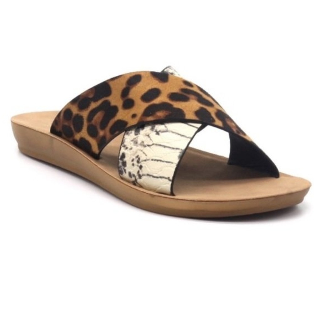 BOHO Vegan Leopard Snake Slides Sandals Flat Wedge Black Tan animal sz 6